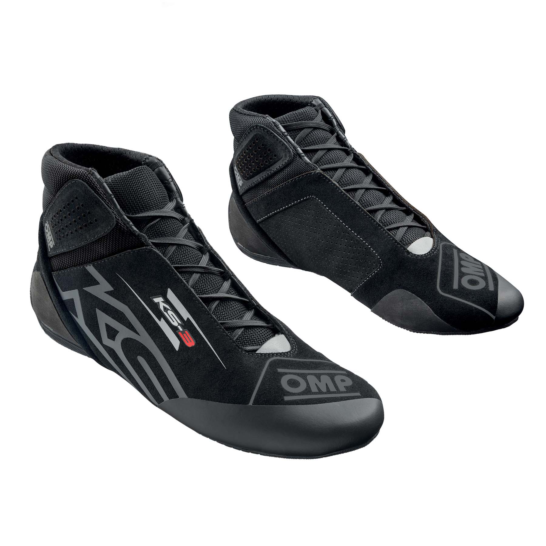 OMP KS-3 v3 adult karting shoes in black suede with two-tone kart-specific outsole