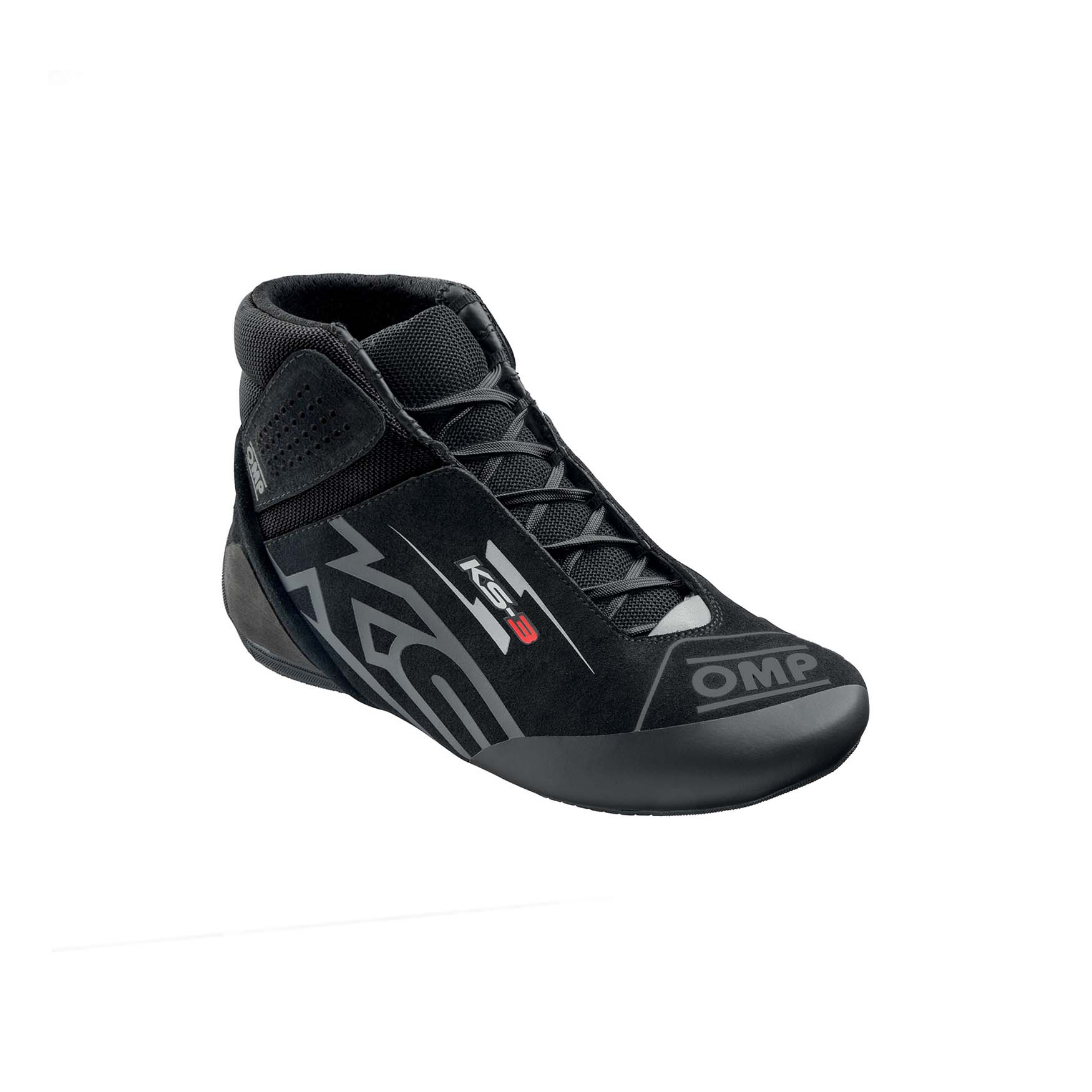 OMP KS-3 youth karting shoes in black suede with two-tone kart-specific outsole