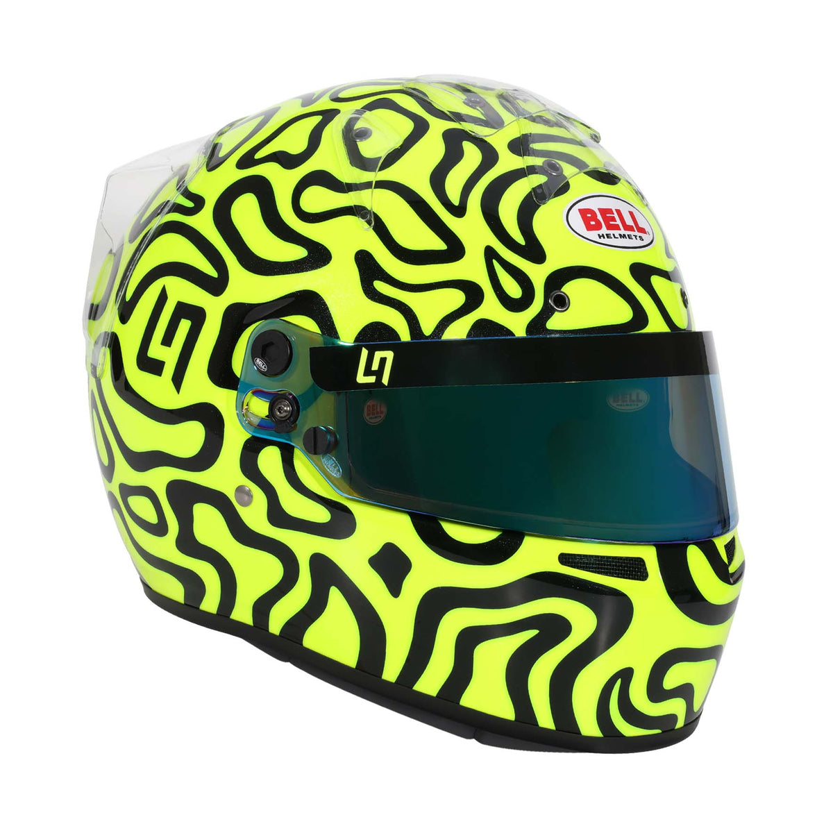 Bell KC7-CMR Pro Lando Norris helmet in Fluorescent Yellow/Black, right-front profile showing visor edge and graphic livery detail