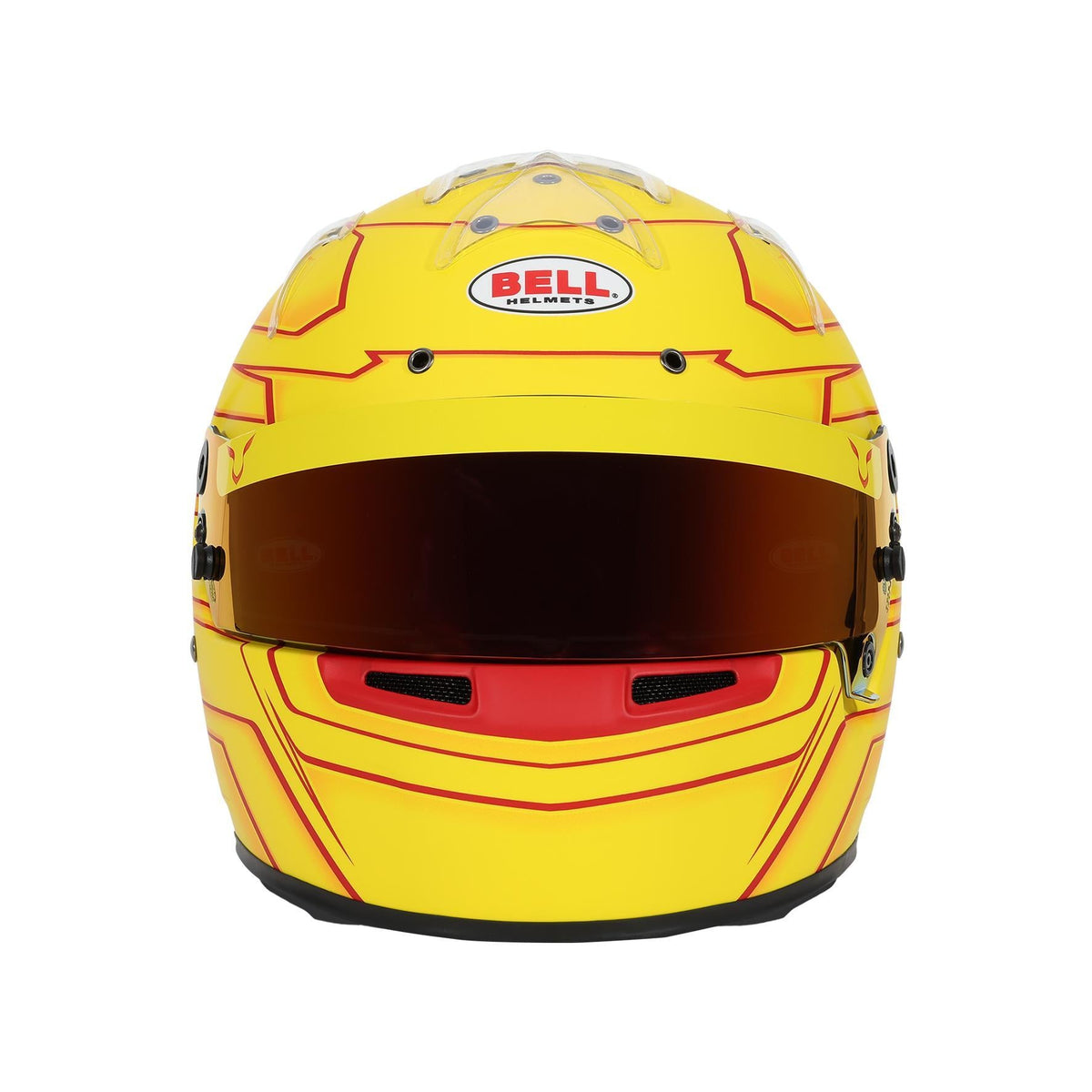 Bell KC7-CMR Pro Lewis Hamilton helmet in Yellow/Red, front view showing DSAF visor and chin-bar ventilation
