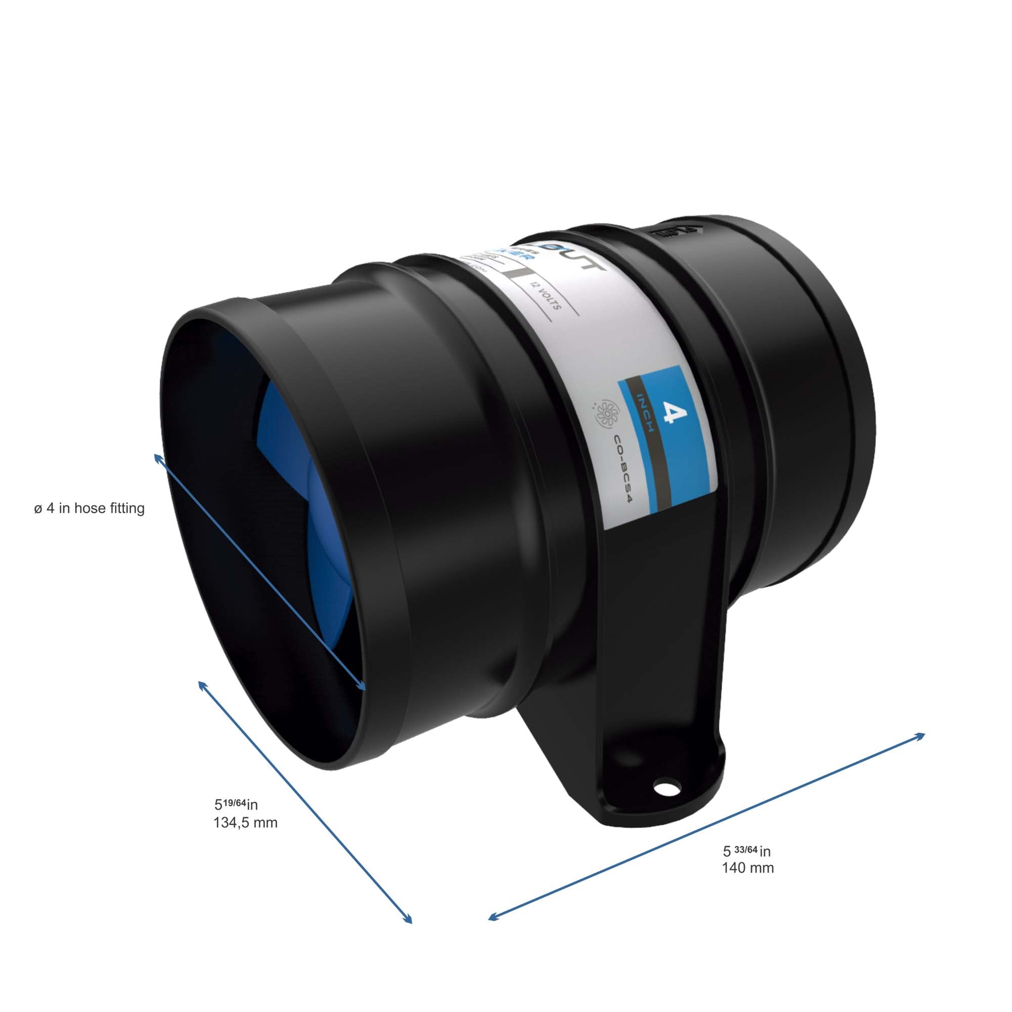 Chillout Systems Club Series 4 inch air blower delivering 285 CFM for motorsport cooling dimensions