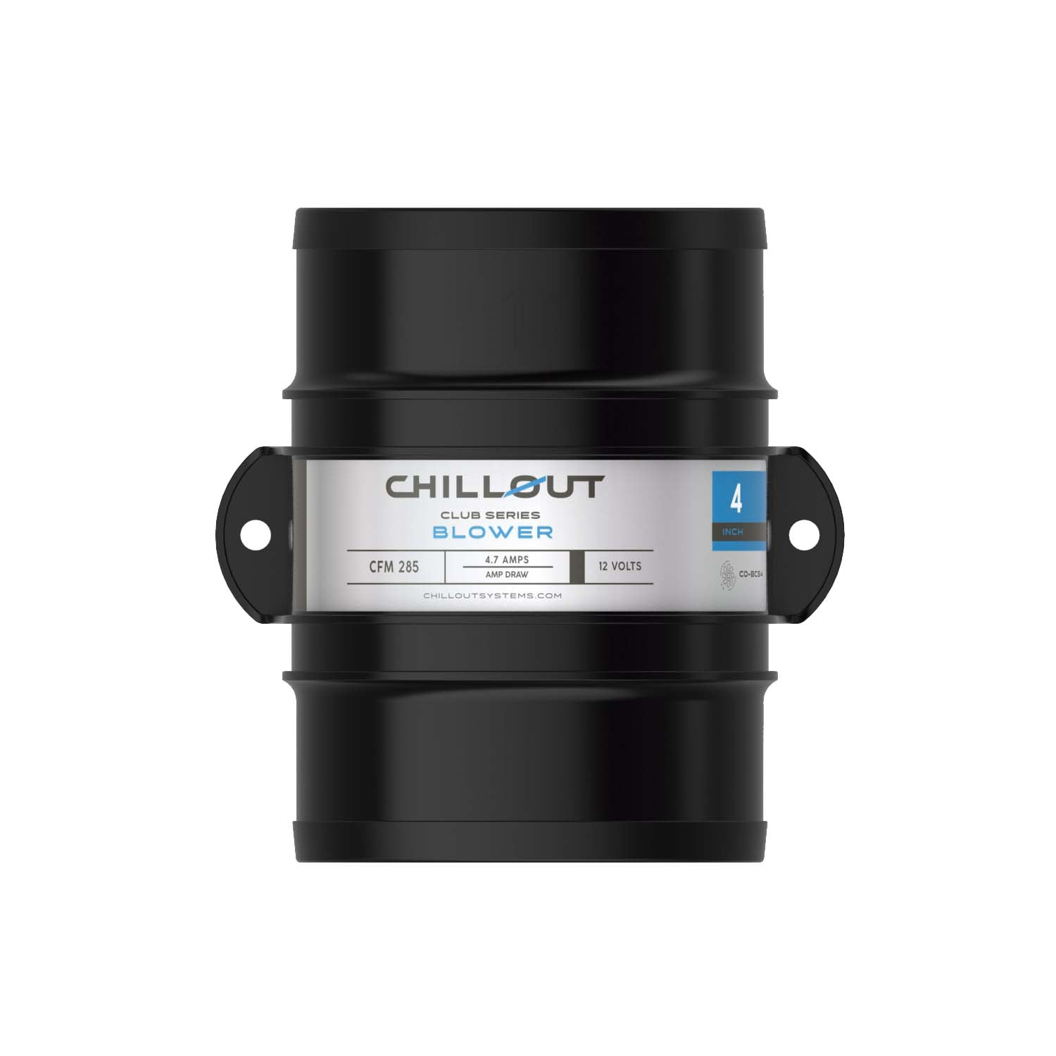 Top view of Chillout Systems Club Series 4 inch air blower delivering 285 CFM for motorsport cooling