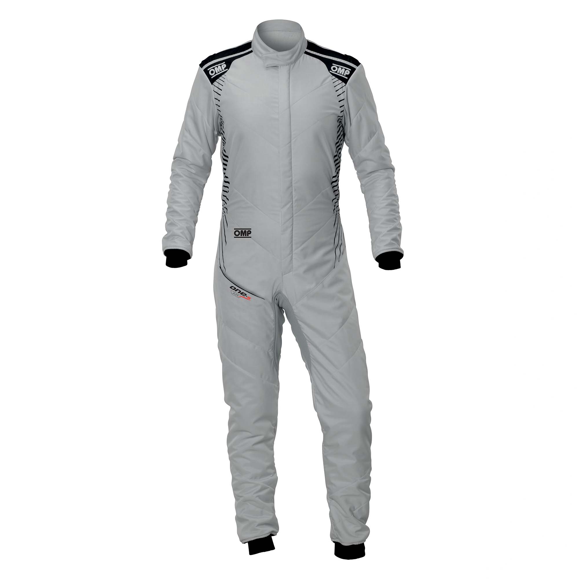 OMP One-S Air FIA 8856-2018 fire-resistant racing suit in silver and black