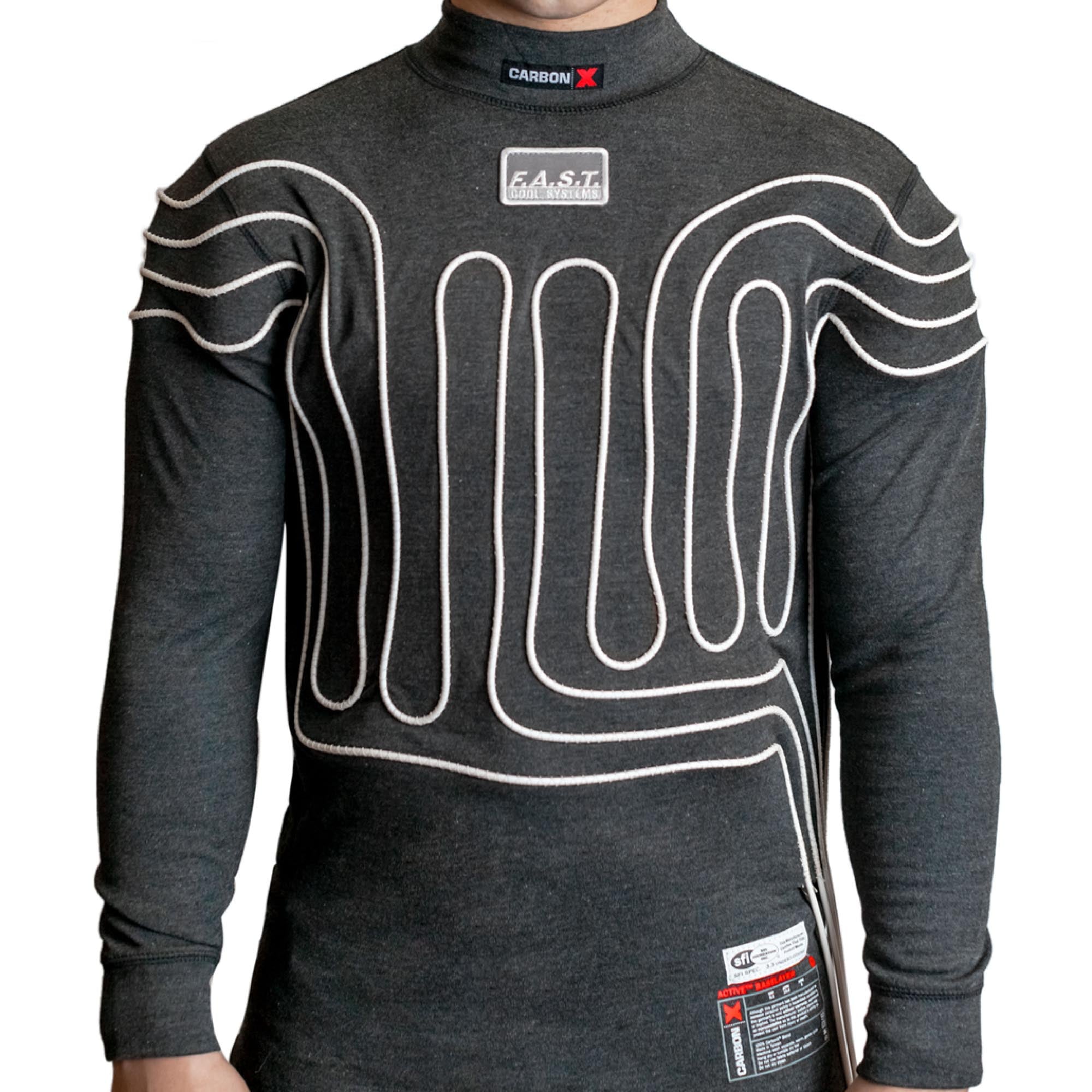 FAST Cooling Carbon-X Cool Suit Shirt in charcoal, showing Carbon-X fire retardant construction with over 50 feet of medical grade capillary tubing on front and back.