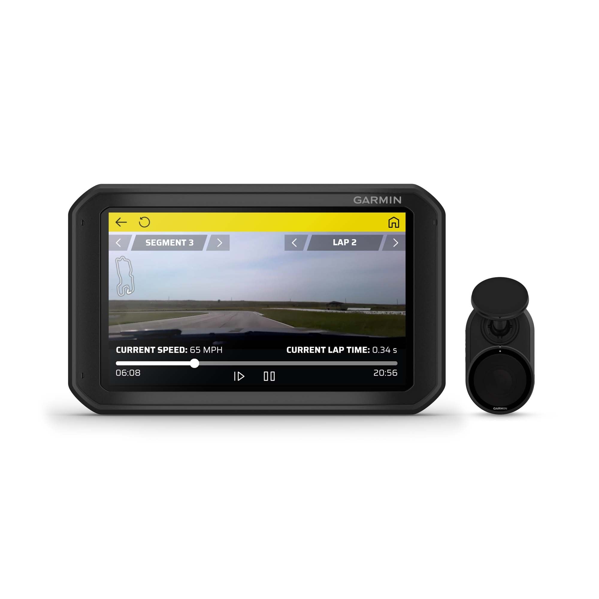 POV View of Garmin Catalyst driving performance optimizer with 7-inch touchscreen and remote HD camera